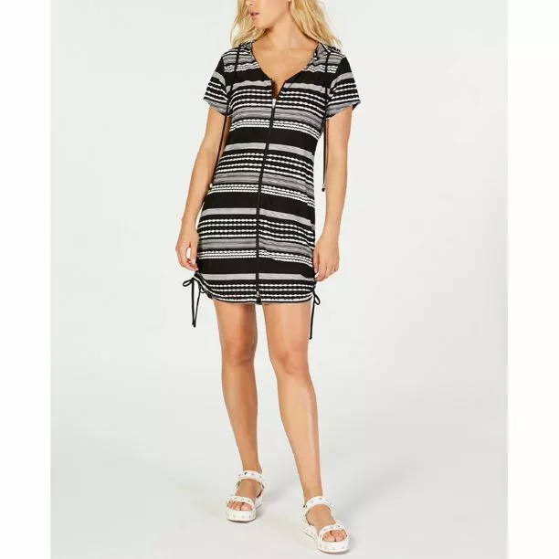 DOTTI Women's Black White Ibiza Striped Hoodie Zip Up Dress Swim Cover Up