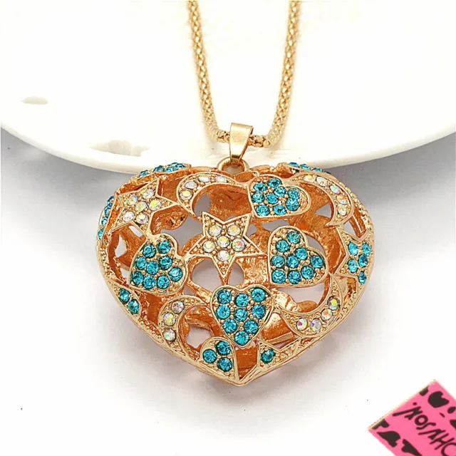 New Fashion Women Shiny Crystal Blue Heart Hollow Star Moon Pendant Necklace