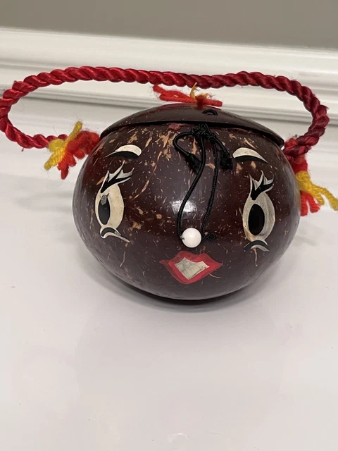 Hawaii Coconut Face Purse Kitschy Souvenir Vtg 1950s Handle Lined