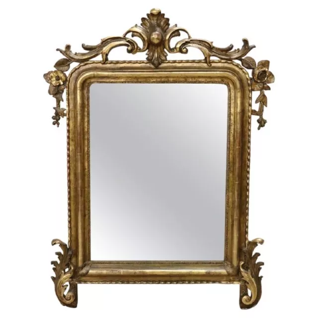 Miroir ancien en bois doré à la feuille d'or, milieu du XIXe siècle
