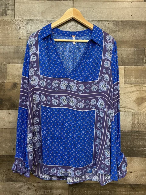 Free People Changing Times Blue Patterned V-neck Tunic Top Ruffled Cuffs