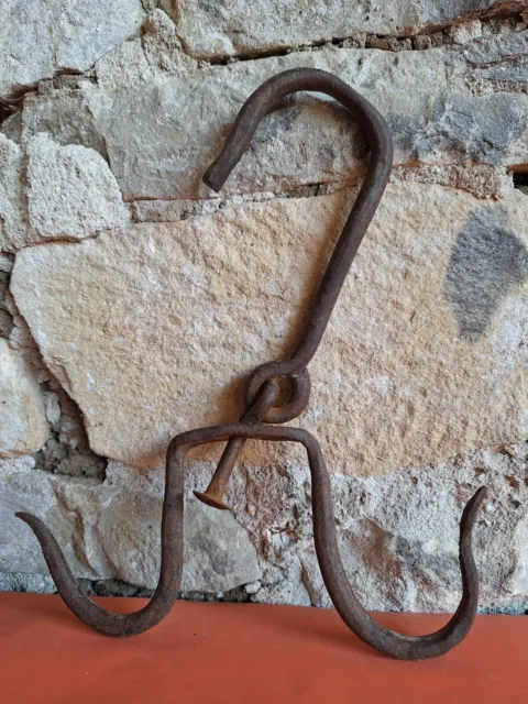 Old antique primitive hand forged wrought hook hanger strong 19th century 2