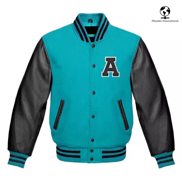 Chaqueta de lana Aqua Varsity Letterman para hombre con mangas de cuero de vaca