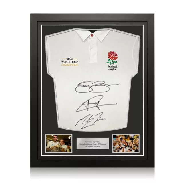 Maillot de rugby signé par Robinson, Jonny Wilkinson et Martin Johnson. Encadré