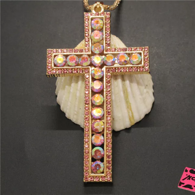 Hot AB Pink Shiny Crystal Prayer Cross Holiday gifts  Pendant Sweater Necklace