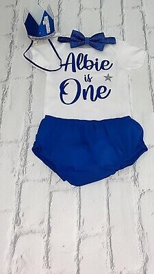 Personalised Baby Boys First Birthday Outfit Cake Smash Set Navy Shorts Crown