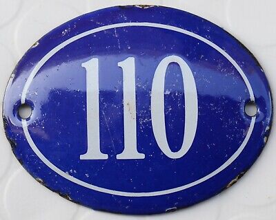 Old blue oval French house number 110 door gate plaque plate enamel steel sign