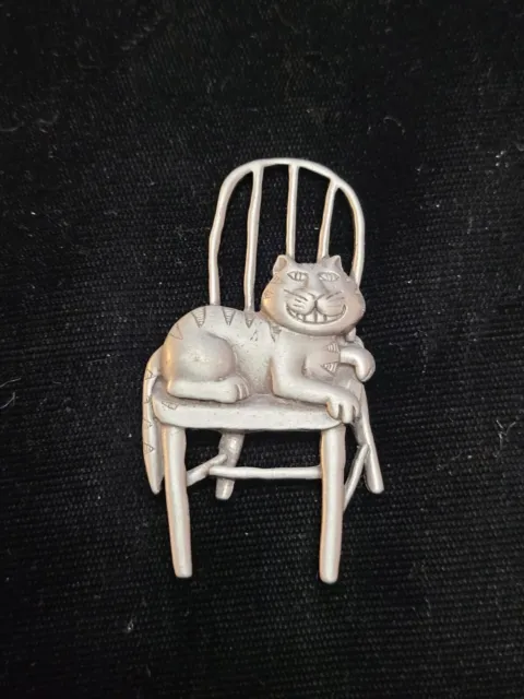 Vintage Silver Colored Cat  On Chair Brooch Lapel Pin JJ Jonette Jewelry