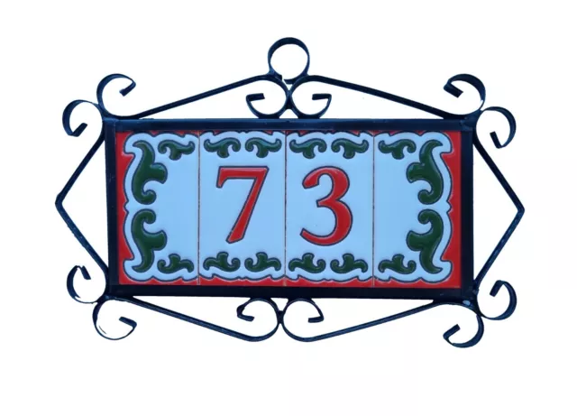 7.5 x 3.7cm Hand-painted M-06 Ceramic Spanish Red Number Tiles & Metal Frames