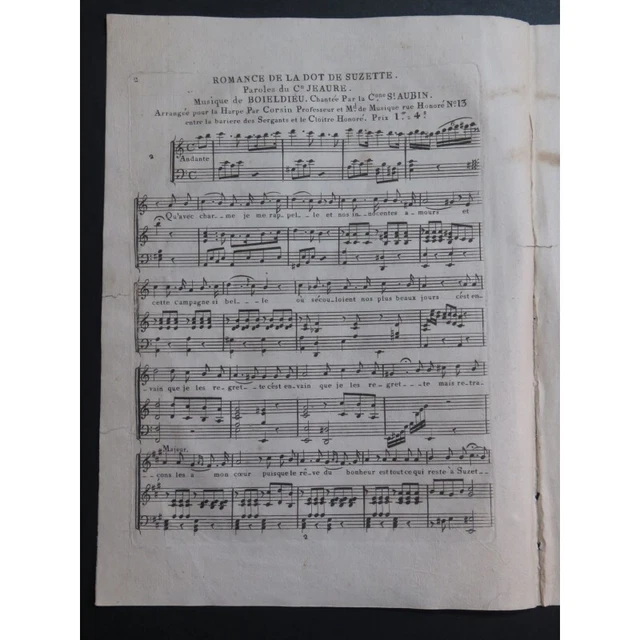 BOIELDIEU Adrien Romance de la Dot de Suzette Chant Harpe ca1820 2