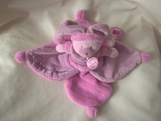DOUDOU ET COMPAGNIE OURS MACARON ROSE PETALE PLAT LAVANDE  etat neuf