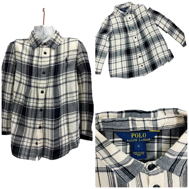 Girls Ralph Lauren Shirt Age 6 White Check Cotton Button Up Long Sleeve Logo