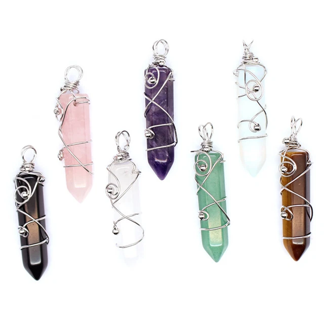 Chakra Wire Wrapped Crystal Point Pendant Quartz Natural Gemstone Healing Reiki