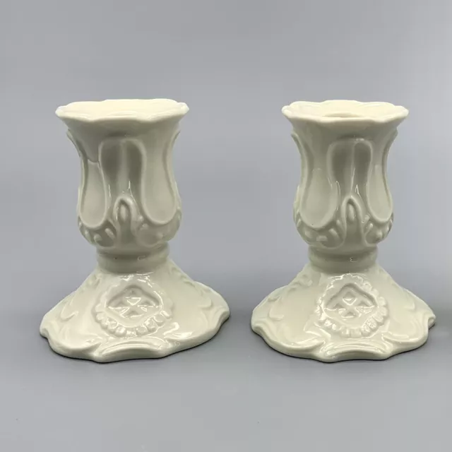 Cream Embossed Pair of Porcelain Taper Candle Holders Cottage Décor Oleg Cassini