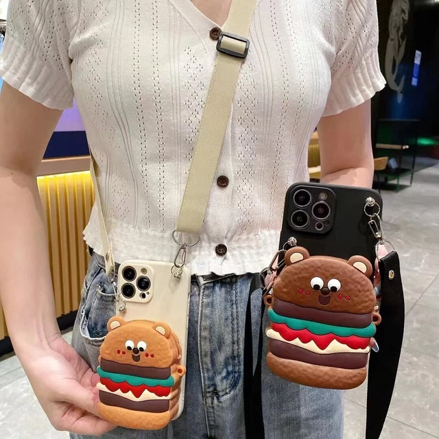 For iPhone Samsung New Crossbody Hamburg Bear Cute Wallet Purse Stand Phone Case