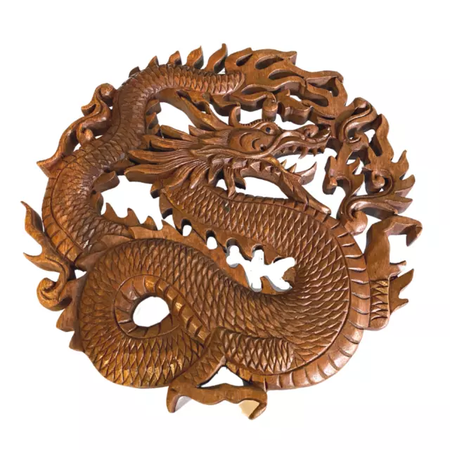 Dragon Naga Bali Wall Art Relief Round Panel Hand Carved Wood Asian Decor 12"