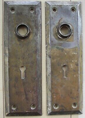 1920s Door Knob Backplates with Keyhole 7" x 2 3/16" Lot of 2 Brass Finish