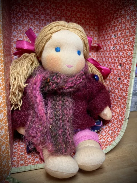 Waldorf Doll Beautiful Handmade With Cashmere Jumper, Scarf And Travel Case