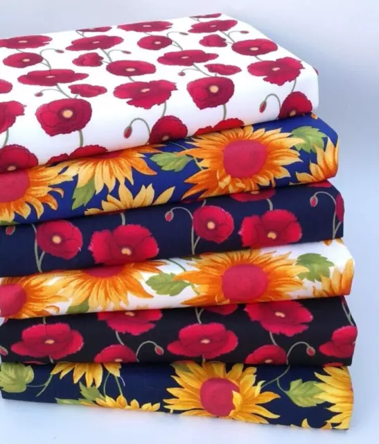 Poppy & Sunflower Fabric Bundle 6 Large Squares Cotton Sewing Material Craft