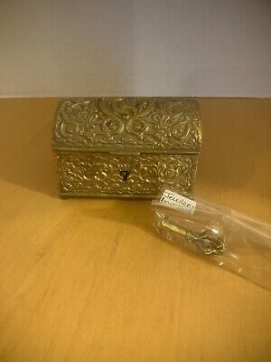 Beautiful Small Ornate Brass Jewelry Casket  with Key Vintage