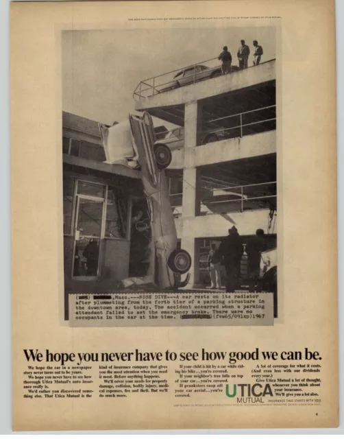 1968 Utica Mutual Insurance Vintage Print Ad Car Crash Off Parking Garage Photo