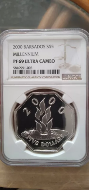 Barbados 2000 "Millennium" $5 silver coin NGC PF69 UC