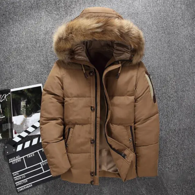 MENS FAUX FUR Collar Hooded Duck Down Coat Puff Winter Warm Thicken ...