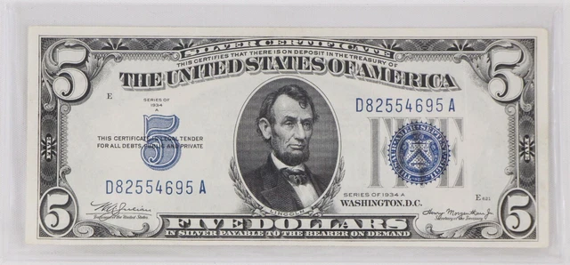 1934 A Series Mule Five Dollar Silver Certificate Blue Seal Note $5