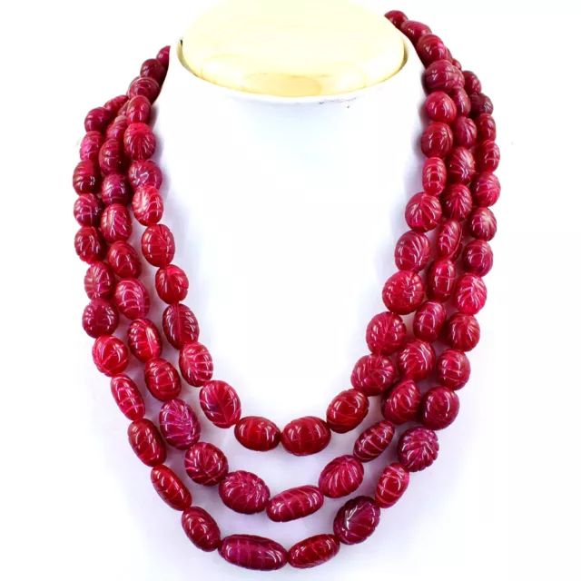 860.00 Cts Earth Mined Red Ruby Oval Shape Carved Beads 3 Line Necklace NK 15E47
