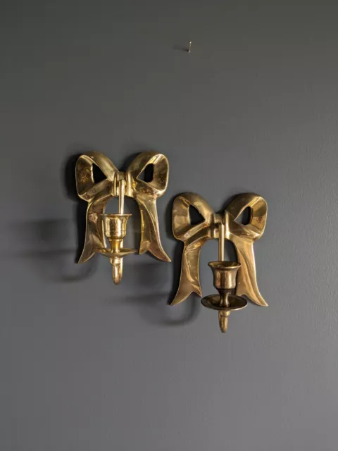 Vintage Solid Brass Set of 2 Candle Sconces Bow Design 6 3/4" High, 4 3/4" wide