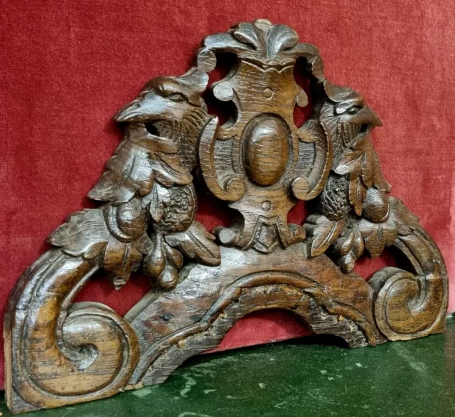 Scroll leaf bird wood carving pediment - Antique french architectural salvage