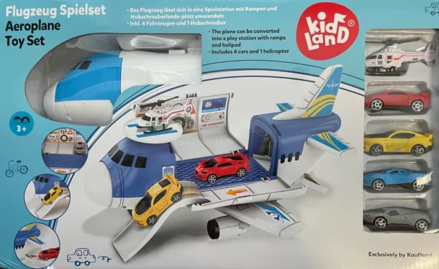 Transport Frachtflugzeug Auto Spielzeug Spielset 4 Autos 1 Hubschrauber Kinder