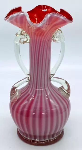 Vintage Italian Art Glass Vase Ruffled Rim Double Handles Cased Striped Design