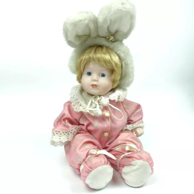 Bunny Ears Blue Eyes Lace Porcelain Face Plush Body Baby Collectors Doll 16"