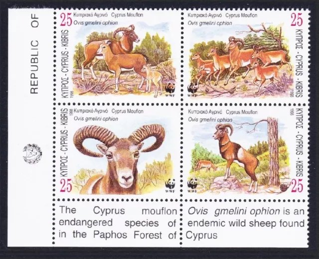 Cyprus WWF Mouflon Corner Block of 4v with Description 1998 MNH SG#941-944