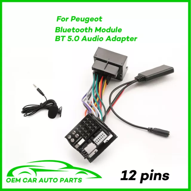 12 Pins Car AUX Bluetooth Module BT 5.0 Audio Adapter+External MIC For Peugeot