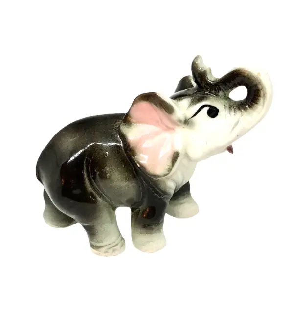 Vintage Elephant Ceramic Big Eyes Pink Ears Dark Gray Open Mouth Trunk Up  5"
