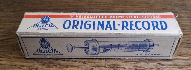 Alte INJECTA BERLIN ORIGINAL RECORD Glas Spritze in OVP Sammeln Vintage