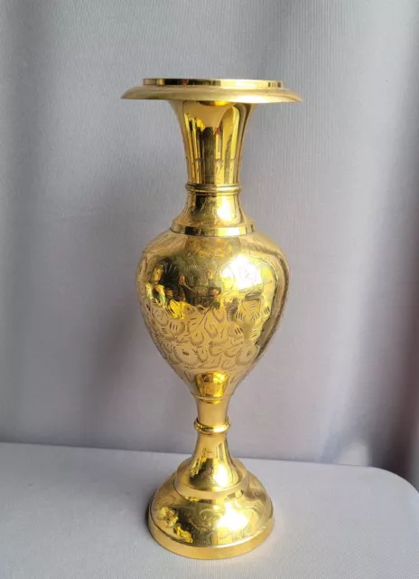 Large Vintage Brass Etched Flower Vase Waisted, Hourglass Shape 16"