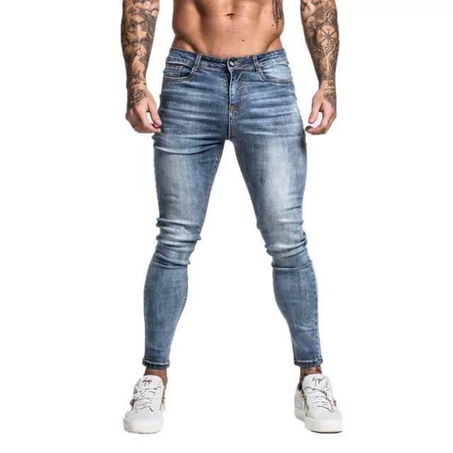 GINGTTO Men Skinny Denim Jeans Washed Blue Slim Fit Stretch Trousers