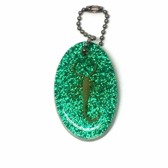 Vintage Scorpion Oval Keychain with Green Glitter New Old Stock USA