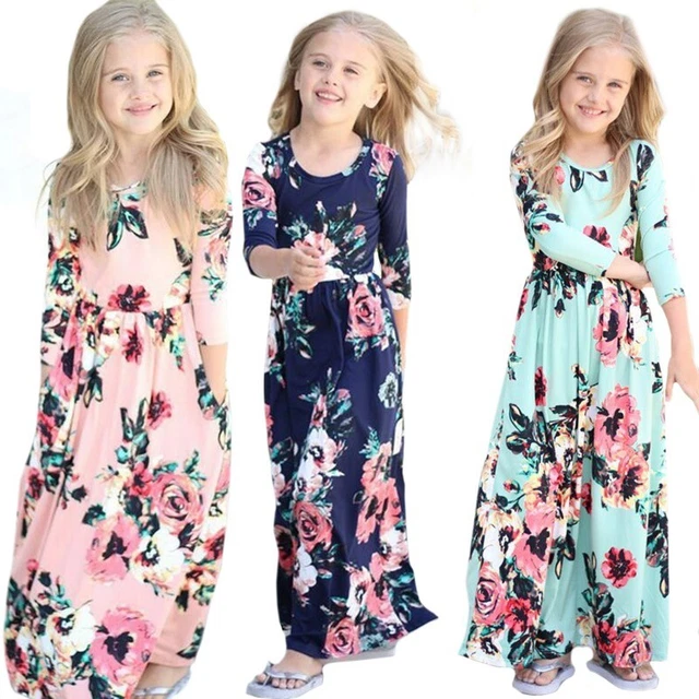Bambini Ragazze Floreale Stampa Maxi Abito Festa Lungo Prendisole Vacanza