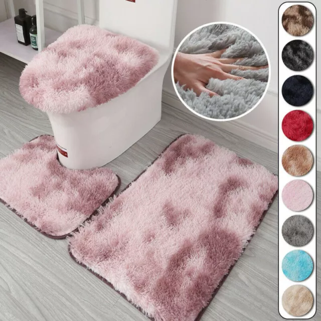 3pcs Bathroom Mat Set Nonslip Washable Fluffy Toilet Cover Pedestal Rug BathMat↖