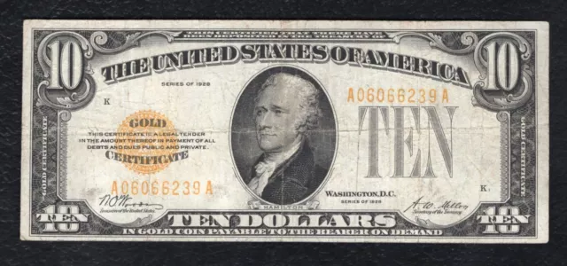 Fr. 2400 1928 $10 Ten Dollars Gold Certificate Currency Note Very Fine+ (B)