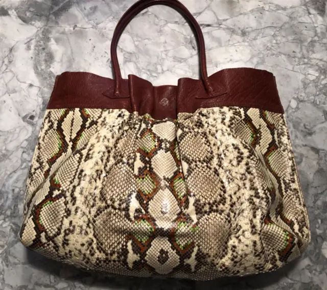 B May Rare Python Tote Handbag in Cream w/ Blk, Grn, Org & Brown Leather Trim