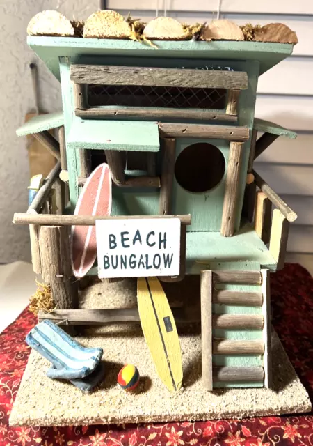 Vintage Wooden Birdhouse BEACH BUNGALOW   Bird House  W/Surfboard udb