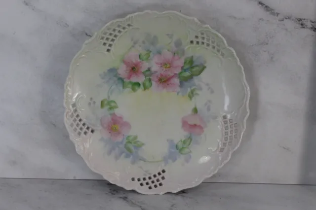 Vintage Hand painted  Plate Green w/pink floral