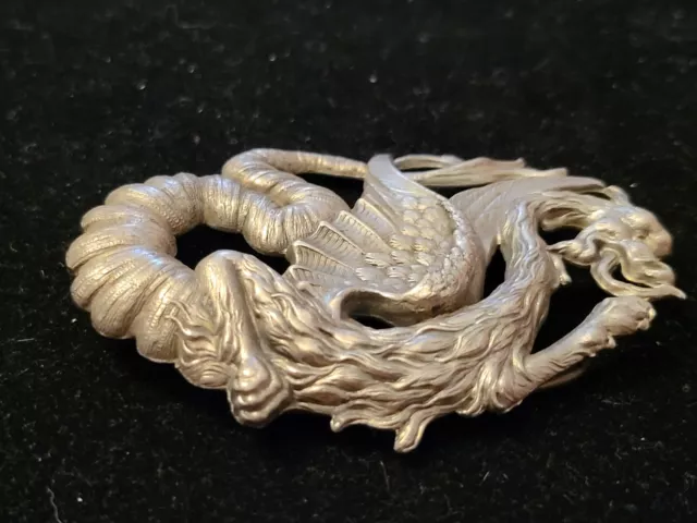 Vtg Victorian Repousse Chinese Export Style Sterling Winged Dragon Belt Buckle 3