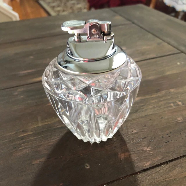 VINTAGE CUT GLASS Table Top Cigar Cigarette Lighter Chrome Head Japan