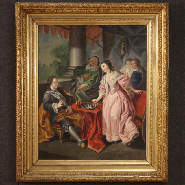 Cuadro antigua pintura 700 marco juego de ajedrez óleo sobre lienzo siglo XVIII